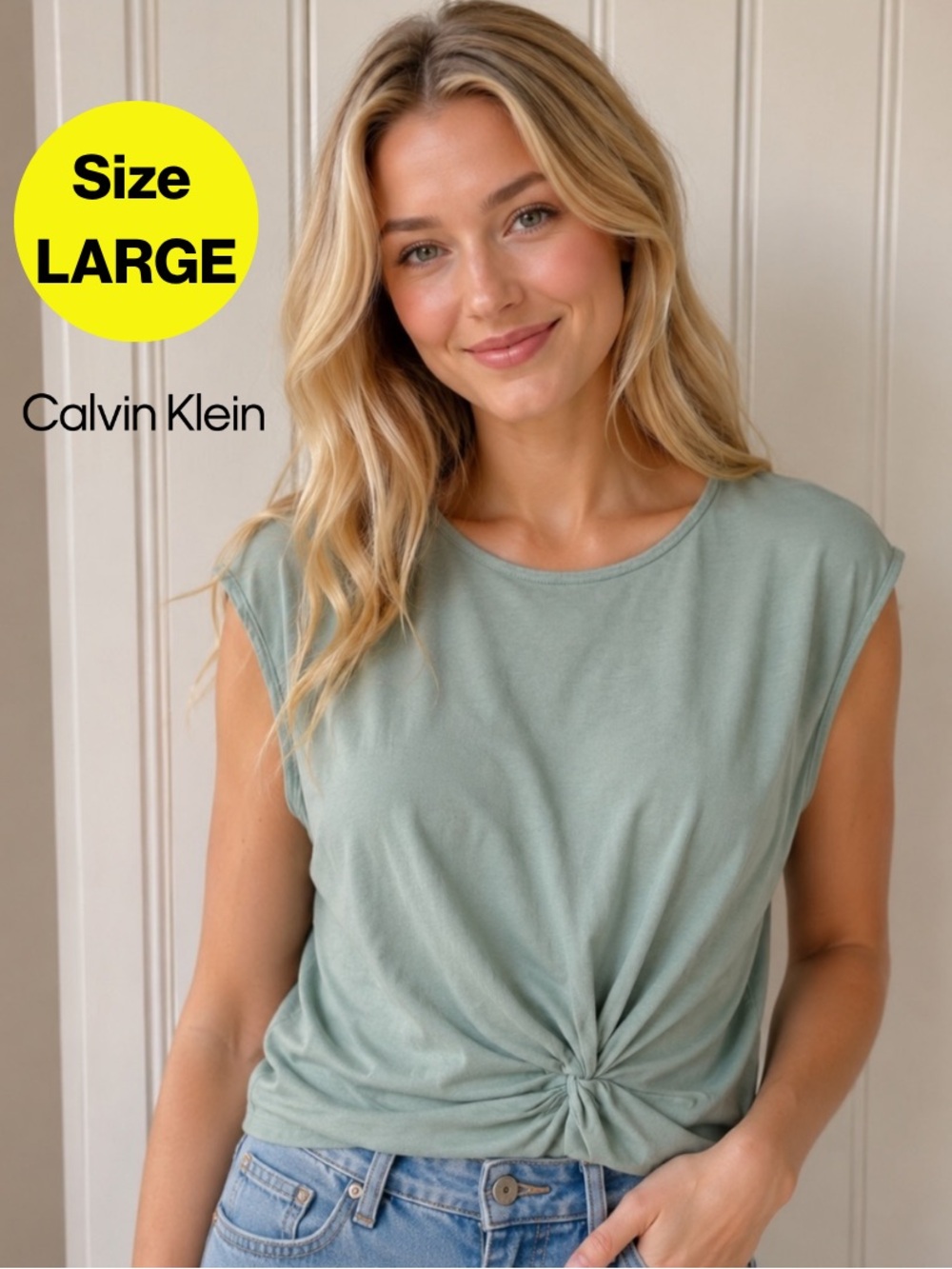 3/for $15 🍒 CALVIN KLEIN Light Sage Twist-Knot Sleeveless Top (Women’s Large)